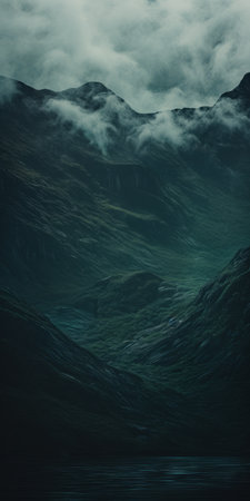 highlands wallpaper featuring calming and introspective aesthetic. dark green and light aquamarine hues create a soothing atmosphere. this webcam photography captures the beauty of mountainous vistas. juxtaposed imagery showcases the swiss style with dark turquoise and light brown tones. explore the highlands' serene water and immerse yourself in nature's tranquility. ai generatedの素材