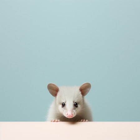 a shrewd possum, captured in a minimalist composition, stands behind a blue border. this tabletop photography piece, with minimal retouching, showcases innovative composition in a screen format. the light white and pink hues create a muted, cute, and dreamy atmosphere. ai generatedの素材