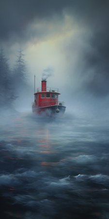 a boat on the river, showcasing digital art techniques with a smokey background. this piece features realistic oil portraits, with a light navy and red color scheme. the atmosphere is cold and detached, evoking a lovecraftian vibe. experience contemporary canadian art at its finest. ai generatedの素材