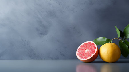 green grapefruit, watermelon, lemon, and grapefruit are showcased against a gray background in this captivating tabletop photography. the industrial and product design elements blend with the style of light purple and red, creating a quantumpunk-inspired composition. with its dark indigo and red hues, this advertisement-inspired image offers spectacular backdrops for various purposes. ai generatedの素材