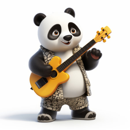 a panda bear, in the style of daz3d, holds a yellow guitar with a spontaneous gesture. this inventive character design showcases crosshatched shading and is captured in a 32k uhd associated press photo. with a touch of "mcdonaldpunk" aesthetic, this unique image combines creativity and musicality in a visually stunning composition. ai generatedの素材