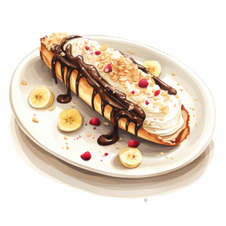 a white plate adorned with a delightful arrangement of bananas, sliced nuts, syrup, and chocolate. this captivating image showcases highly detailed illustrations, reminiscent of the cranberrycore and barbiecore styles. the artistic touch is evident through the use of blunt brushstrokes, creating a multi-layered effect that exudes a sense of sophistication, akin to the works of louis. ai generatedの素材