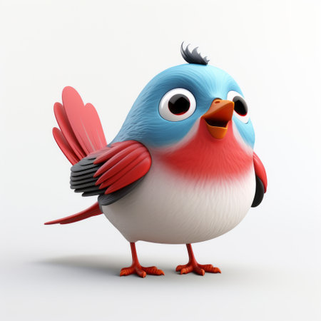 a cute bird 3d model on a white background, featuring light red and light blue colors. this caricature-like illustration showcases interactive media and animated exuberance. with playful use of texture and varied brushwork techniques, this artwork is perfect for flickr enthusiasts. ai generatedの素材