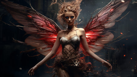 fairy wings wallpaper featuring dark and dramatic chiaroscuro portraits. this surreal fashion photography showcases twisted characters with realistic depictions of the human form. the light brown and red hues add depth to the 32k uhd image, creating a sculpted and captivating visual experience. ai generatedの素材