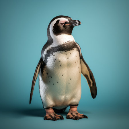 a penguin stands gracefully against a vibrant blue backdrop in this hyperrealistic rendering. captured in stunning 8k resolution, the full-body depiction showcases intricate details and realistic textures. the cross-processing technique adds a unique touch, enhancing the penguin's mottled appearance. created using zbrush, this artwork brings the beauty of nature to life with astonishing precision. ai generatedの素材