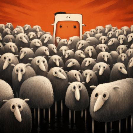 sheep amidst a crowd of animals in a surreal, cartoonish style of media intrusion art. the emotive portraiture features a dark orange and white color scheme with blocky, illustrative storytelling. this flickr image is a striking example of how art can convey a powerful message through imaginative visuals. keywords: sheep, animals, media intrusion art, surreal, cartoonish, illustrative storytelling, emotive portraiture, dark orange, white, flickr, blocky.の素材