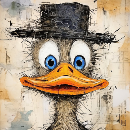 a quirky and eye-catching photo captures the intriguing presence of a new duck perched on a hat. this unique piece, created in the style of textured canvases, showcases expressive cartooning skills reminiscent of artists dusan djukaric and joe shuster. the use of unconventional materials, such as trash, adds an unexpected touch, while the whimsical atmosphere is enhanced by the artistic influence of bastien lecouffe-deharme. getの素材