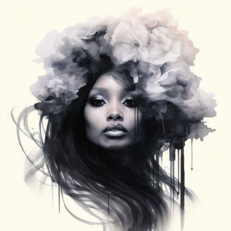 african abstract painting featuring a black woman wearing a shirt. this artwork is created in the style of artists natalie shau and olivier valsecchi, incorporating dreamy watercolor florals and digital art techniques. it showcases soft-focused realism against a white background, reminiscent of the unique aesthetic of the renowned artistic duo etam cru. ai generatedの素材