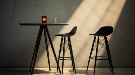 four black bar stools arranged in front of two tall wooden legs create a captivating still life composition. the atmospheric play of light and shadow adds depth and intrigue to this minimalist scene. with hints of red and amber, the image exudes a soft and romantic ambiance. inspired by the neo-concrete movement, this captivating photograph pays homage to the artistic visions of bjarke ingels andの素材