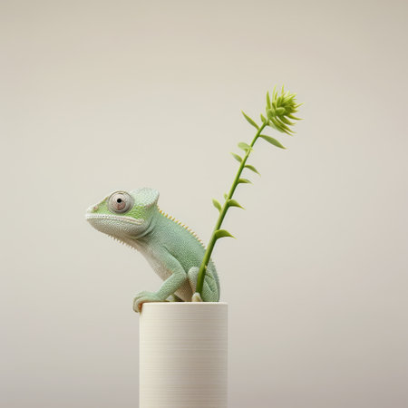 a green chameleon perched on a ceramic pot, the photo captures the essence of minimalist backgrounds. this photorealistic and fantastical image showcases elements of stark minimalism, complemented by the tones of light gray and green. taken with a rollei prego 90, this national geographic-esque photograph portrays a unique composition, combining floral elements and the delicate presence of the chameleon. ai generatedの素材