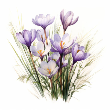 crocus flower illustration with detailed painting style, striped arrangements, and layered translucency on a white background. this seamless design is perfect for large canvas sizes and embroidery art, featuring digitally enhanced flora and fauna. ai generatedの素材