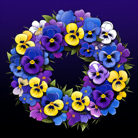 pansies background with an illustration of a floral wreath. the bold and contrasting colors, dark sky-blue and dark purple, create a dimensional multilayering effect. the symmetrical arrangement on a black background enhances the colorful caricature with simplified colors. ai generatedの素材