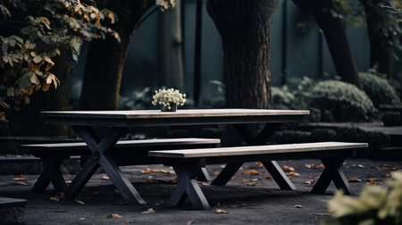 a bench adorned with blooming flowers in a floral arrangement, featuring a dark indigo and light gray color palette. this stunning 32k ultra-high-definition photograph showcases the beauty of tabletop photography from the vancouver school. with gothic references, it evokes an atmosphere of extravagance and is complemented by soft atmospheric perspective. ai generatedの素材