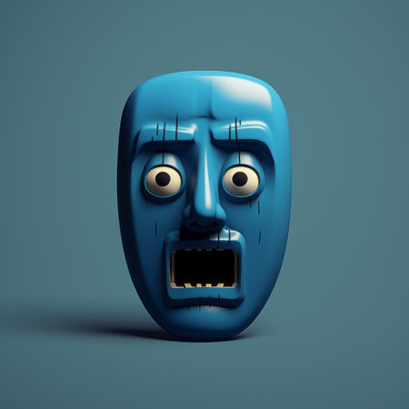 small blue face in surrealistic storytelling style, reminiscent of artists like mike campau and sacha goldberger. the raw emotions and intense movement expression evoke a sense of masks and totems, similar to the work of cody ellingham. this eps file captures a unique and captivating visual narrative. ai generatedの素材