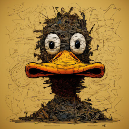a detailed character design of a duck, viewed through a piece of cardboard, in the style of filthy sculptures. the multilayered and punctuated caricature stands out against the smokey background, with dark bronze and yellow tones adding depth. this uhd image captures the intricate details of the artwork. ai generatedの素材