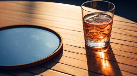 a glass of alcohol, in dark amber and sky-blue shades, is placed on a table next to a mirror. the precisionist lines and wooden setting evoke american consumer culture. this image serves as a critique of consumerism, with dappled lighting adding a touch of intrigue and rounded forms grounding the composition. ai generatedの素材