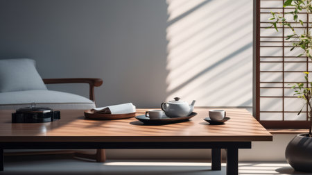 a serene and captivating scene featuring a table adorned with mugs, a plant, and two chairs. this 3d rendering showcases contrasting light and dark tones, creating a japanese-inspired ambiance. the use of the tokina at-x 11-16mm f/2.8 pro dx ii lens adds depth and clarity to the image. playing with light and shadow, this composition exudes a calm and tranquil beauty reminiscent of gongbi art.の素材