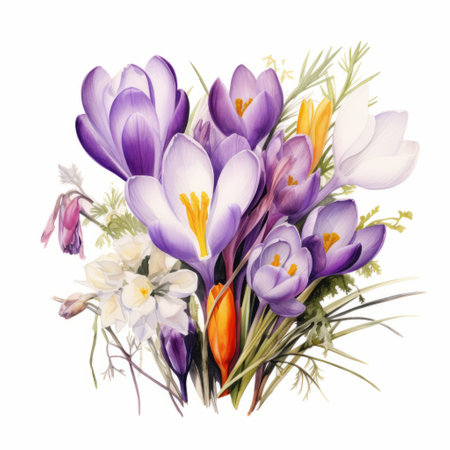 crocus bouquet 3d illustration, blending realistic watercolor style with viennese secession influences. this captivating image showcases exquisite accuracy in depicting fauna and flora. the white background complements the naturalistic portrayal of crocuses in light orange and dark magenta hues. ai generatedの素材