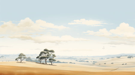 an illustration showcasing the serene beauty of australia and new zealand's prairie landscape, blending dutch and suffolk coast influences. it embraces a tranquil simplicity and panoramic scale, inviting viewers to immerse themselves in the gentle hues of light yellow and light blue. experience a peaceful ambiance that captures the essence of these breathtaking landscapes. ai generatedの素材