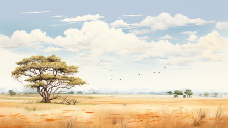 an illustration showcasing the serene beauty of middle africa's prairie landscape. embrace the gentle hues and panoramic scale reminiscent of dutch landscapes and suffolk coast views. delicate tones of light yellow and light blue enhance the peacefulness, capturing the essence of this tranquil scene. ai generatedの素材