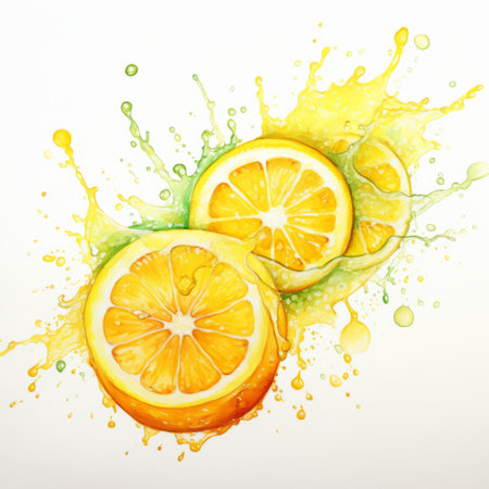 yellow lime captured in a watercolor-style illustration, featuring skillful composition and hyper-realistic water details. the vibrant depiction showcases a blend of white and orange hues, creating an energy-filled scene. this fragmented advertising-inspired illustration promises a refreshing visual experience, combining artistry and zest in a captivating composition. ai generatedの素材