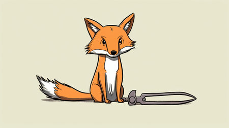 a cartoonish fox, cleverly juxtaposed with a knife in its mouth, embodies pop culture references in a chrome-plated, forced perspective drawing. simplified colors enhance the tangled forms, creating a unique caricature with a hint of mischief. ai generatedの素材