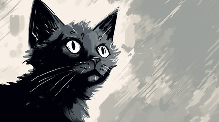 black kitten with large glowing eyes, in the style of psychological phenomena illustrations, monochromatic depth, gris grimly, colorful comic strips, illustration, valentin de boulogne, low resolution. ai generatedの素材
