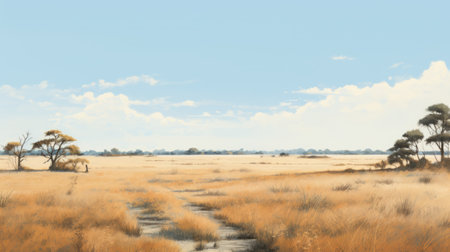 an illustration showcasing the serene beauty of eastern south america's prairie landscape, merging dutch landscapes with the charm of suffolk's coastal views. the artwork embraces gentle hues, panoramic scale, and a sense of peacefulness. delicate tones of light yellow and light blue enhance the illustration's tranquil atmosphere, creating a captivating depiction of this idyllic scenery. ai generatedの素材