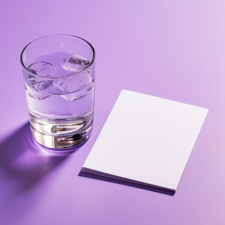 a glass of water with paper inside, captured in a postmodern photography style, stands on a purple background. the clean and simple design highlights the printed matter within. this image showcases the use of daz3d and fujifilm eterna vivid 500t, resulting in solid and structured composition. the smooth and polished appearance adds to its aesthetic appeal. ai generatedの素材