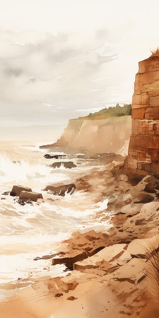 a dramatic cliff with rocks along the seaside, captured in the expressive style of speedpainting. this emotive watercolor depicts a mesmerizing fictional landscape infused with social commentary. created using cryengine, the artwork by scar domnguez features a captivating mix of light maroon and beige tones, evoking a sense of natural beauty and imaginative storytelling. ai generatedの素材