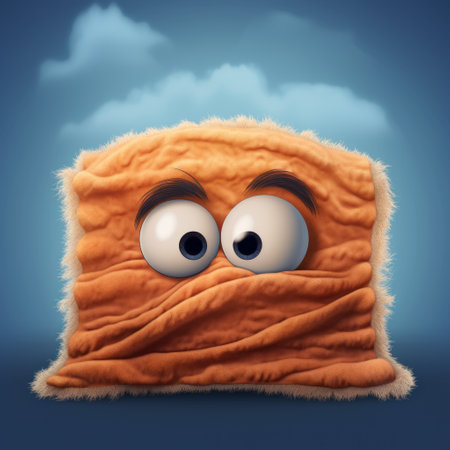 a toast with eyes on it, this animated stock image is a 3d 3dflash rigged creation. it features a dark sky-blue and beige color scheme with textured fabrics and dusty piles. the illustration style is caricature-like, with creased, crinkled, and wrinkled details. soft gradients add depth, and the image is packed with hidden details. ai generatedの素材