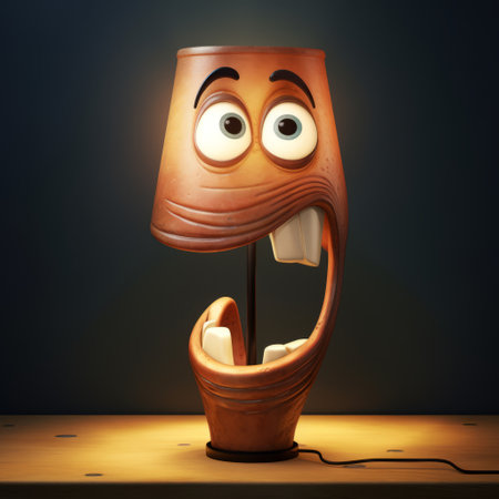 a lamp with an ugly face, rendered in cinema4d, featuring a humorous caricature. this unique piece showcases curvilinear forms and realistic still lifes with dramatic lighting. the playful cartoon illustrations add a touch of avocadopunk, while the gentle expressions bring charm to this quirky lamp. ai generatedの素材