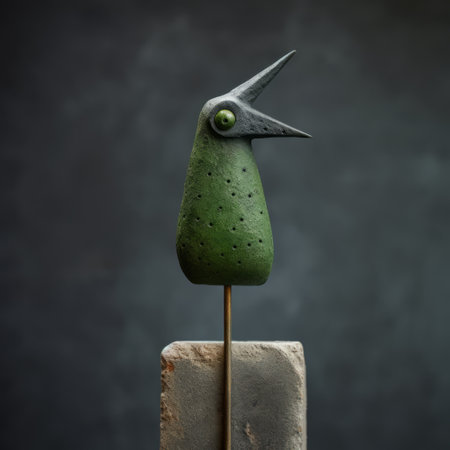 a green bird perches atop a concrete block, embodying the essence of minimalistic metal sculptures. this captivating image captures the joyful celebration of nature through the dark and foreboding colors. inspired by object portraiture specialist anton semenov, it exudes the unique charm of miniaturecore and pays homage to the artistic style of ippolito caffi. ai generatedの素材