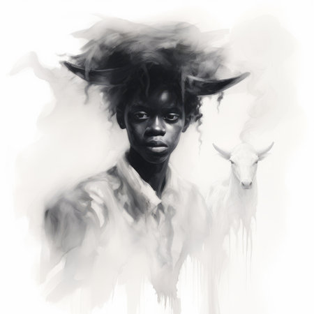 woman with horns: a stunning illustration of a woman with a head full of horns, created in the zaire school of popular painting style. the image features a mix of dark white and light white tones, giving it a misty appearance. this national geographic photo showcases the raw versus finished beauty of the artwork. the lit kid and pastoral settings add to the overall ambianceの素材