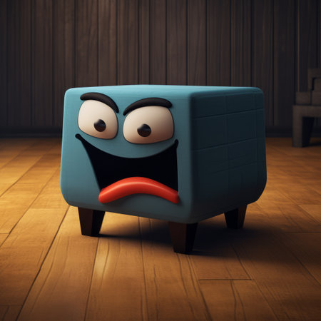 angry face cube on wood floor in charming character illustration style. playful use of texture in cyan and blue. darkly comedic ottoman art. vray rendering. flickr photo. ai generatedの素材