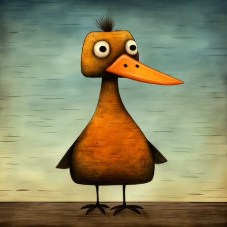 an old man duck is depicted in the woods by artisans x, inspired by the whimsical and cartoonish styles of aleksandr deyneka and jon klassen. the figuratively textured image showcases vibrant orange and cyan tones, reminiscent of anton semenov's colored cartoon style. ai generatedの素材