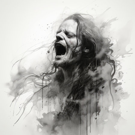 a striking black and white digital illustration featuring a person with long hair, conveying intense emotions through dynamic gestures and energetic expressions. the style is reminiscent of the works of etam cru and robert hagan, with a color splash effect adding to the overall impact. the image captures the raw intensity of trapped emotions, making for a powerful, ai generatedの素材