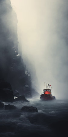 a tug boat emerges from the fog, floating in the middle of the water. this otherworldly illustration captures the dramatic light and shadow reminiscent of norwegian nature. the dark white and red tones blend with flowing brushwork, creating a conceptual photography piece inspired by the terrain of northern china. ai generatedの素材