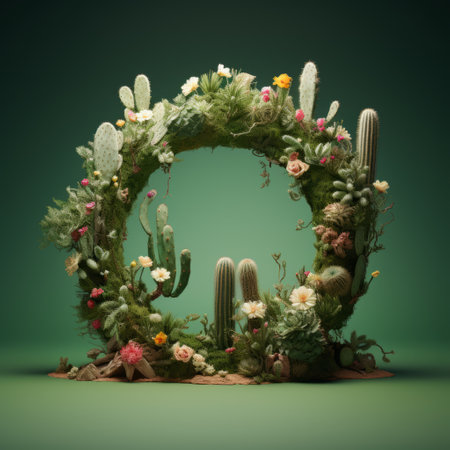 a digital botanical art showcasing a 3d illustration of a cactus in flower. this captivating illustration combines the beauty of nature-inspired installations with the intricate details of lush baroque still lifes. the circular shapes and distinct framing add a unique touch to this captivating artwork. explore the vibrant green hues and miniature dioramas that bring this botanical masterpiece to life. shot with a fujifilm x-t4,の素材