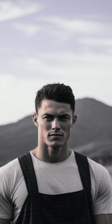 a handsome man stands behind a waterfall in this black and white portrait. the image captures the realistic landscape with soft edges, zigzags, and back button focus. the simplified and stylized portrait showcases the fawncore aesthetic, creating a captivating visual experience. ai generatedの素材