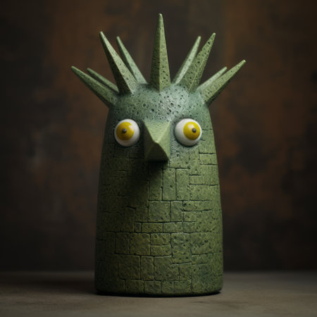 a small green ceramic mug with an ostrich-shaped head, featuring textural surrealism and spiky mounds. the mug is captured using a rodenstock imagon 300mm f58 lens, highlighting the concrete brutalism style. the scene also includes cartoony characters, enhanced by dark chiaroscuro lighting, and exotic birds. ai generatedの素材