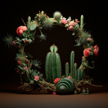 cactus and rose flowers crafted from cacti and wood, showcasing photorealistic fantasies. thomas wrede's circular shapes create highly detailed foliage in vibrant and dark compositions, achieving a harmonious balance. ai generatedの素材