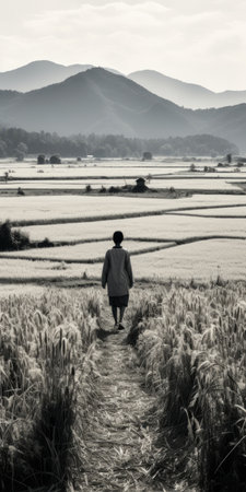 man walking through a wheat field captured in a black and white photograph, reminiscent of traditional chinese landscape art. the image, taken with a nikon d850, evokes the style of color-field painters and the kan school of traditional landscapes, reminiscent of the art of burma. ai generatedの素材