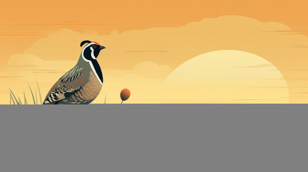 pheasant perched on stone platform at sunset, depicted in a graphic design-inspired illustration style. this 32k uhd artwork showcases simplified and stylized portraits of the bird against the backdrop of northern china's terrain. created using the rollei prego 90 camera, the bold graphic illustrations feature flat chromatic fields for a visually striking composition. ai generatedの素材