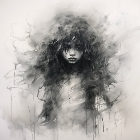 a stunning black and white painting of a girl's face, created in the style of indonesian art and made of mist. the epic portraiture captures the dark and chaotic essence of the subject, with realistic lifelike figures and a misty atmosphere that adds to the nature-inspired installations. ai generatedの素材