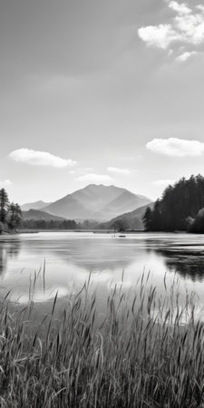 lake with grass surrounding it, in the style of hiroyuki-mitsume takahashi, mountainous vistas, digitally enhanced, high quality photo, realistic landscapes with soft, tonal colors. photo taken with nikon d750, oku art. ai generatedの素材