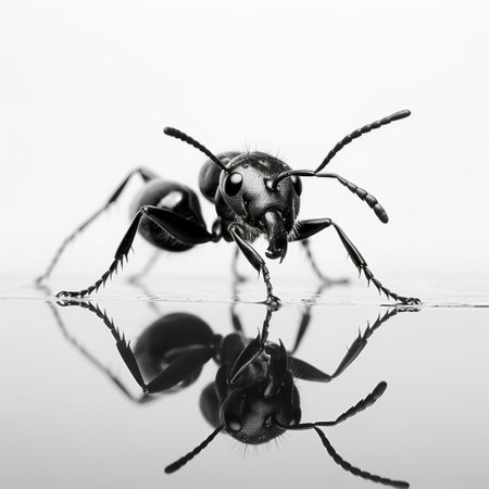 a black and white photograph captures the mesmerizing sight of an ant, poised gracefully on a wet surface. with chrome reflections and softbox lighting, this image showcases the intricate character design of the tiny creature. it pays homage to the pioneers of color photography while offering a minimalistic serenity through its hyper-realistic animal illustration, reminiscent of acrobatic self-portraits. ai generatedの素材