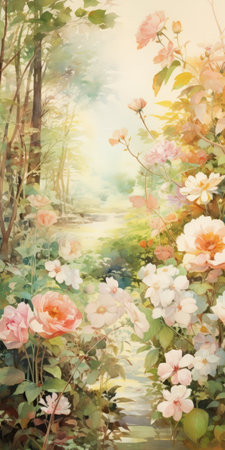 a painting depicting a serene walk amidst stunning pink flowers, capturing the essence of delicate watercolor landscapes. the artwork showcases a harmonious blend of light white and light orange hues, presenting tightly composed scenes that evoke nostalgia. this mural painting transports viewers to a dreamlike scenery, offering a glorious visual experience. ai generatedの素材
