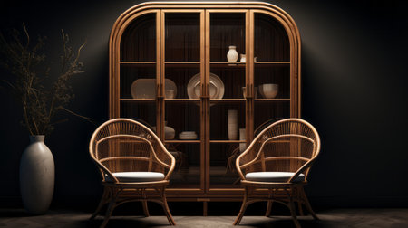curio cabinet 2 pack with a sl wicker dining chair is depicted in a hyper-detailed rendering. the setting is beijing east village, using common materials. realistic and naturalistic textures are incorporated, and caffenol developing is considered for a high-quality result. ai generatedの素材