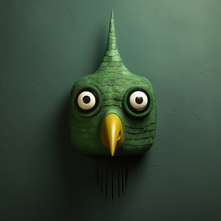 green bird figurine wall sconce with painted eyes, in the style of evgeni gordiets, clemens ascher, didier lourenco, concrete, inventive character designs, spiky mounds, in a close-up shot. ai generatedの素材